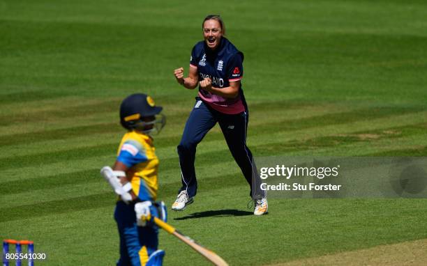 England bowler Laura Marsh celebrates after dismissing Sri Lanka batsman Hasina Perera during the ICC Women's World Cup 2017 match between England...