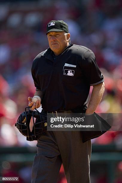 Umpire Ed Montague looks on during the game between the St. Louis Cardinals and the Washington Nationals on April 5, 2008 at Busch Stadium in St....