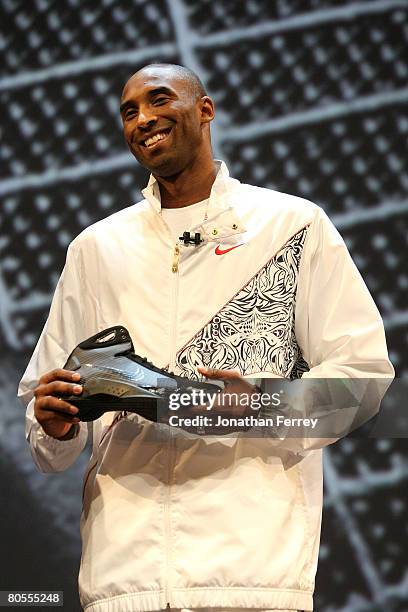 Kobe Bryant of the Los Angeles Lakers poses with the newly unveiled Nike Hyperdunk shoe at the Nike Beijing 08 Innovation Summit on April 7, 2008 at...