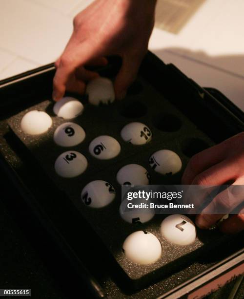 The balls are readied for placement in the lottery machine during the 2008 NHL Draft Drawing on April 7, 2008 at the National Hockey League...