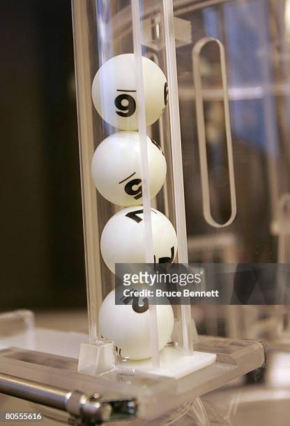 The final order of balls "2756" rest in the lottery machine during the 2008 NHL Draft Drawing on April 7, 2008 at the National Hockey League...
