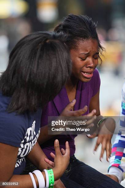 Audience member cries after meeting and hugging Usher at MTV Studios, Times Square on April 7, 2008