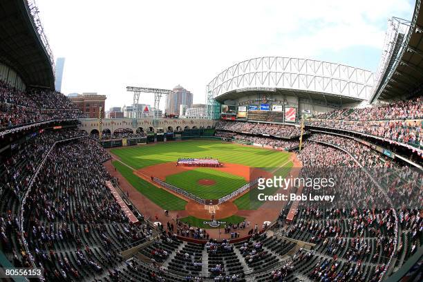 General view of the Opening ceremonies before the game between the St. Louis Cardinals and Houston Astros at Minute Maid Park April 7, 2008 in...