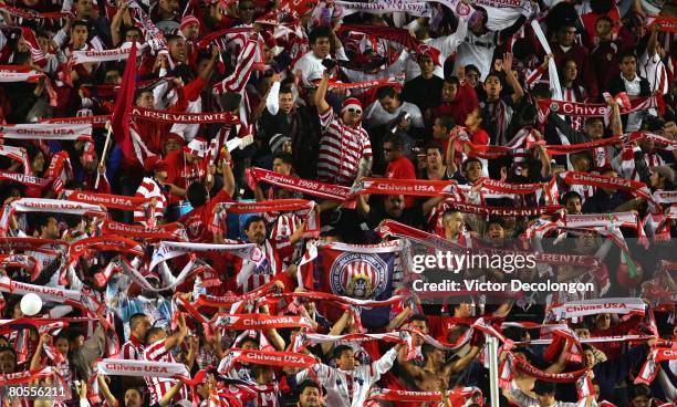 Fans of CD Chivas USA show their colors in the second half during the MLS game between Real Salt Lake and CD Chivas USA at the Home Depot Center on...