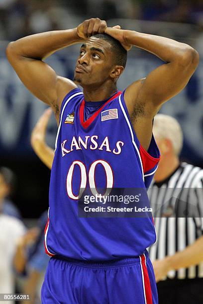Darrell Arthur of the Kansas Jayhawks looks on while taking on the North Carolina Tar Heels during the National Semifinal game of the NCAA Men's...