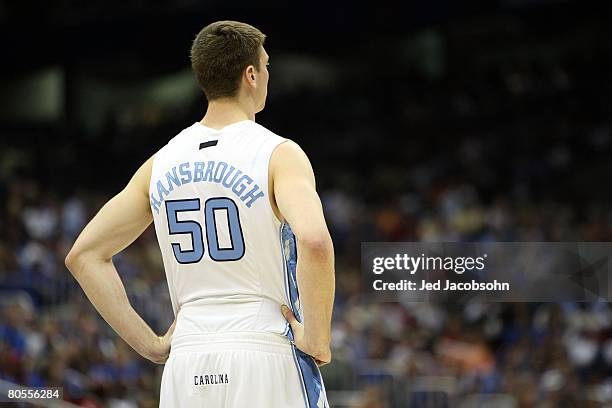 Tyler Hansbrough of the North Carolina Tar Heels looks on in the second half against the Kansas Jayhawks during the National Semifinal game of the...