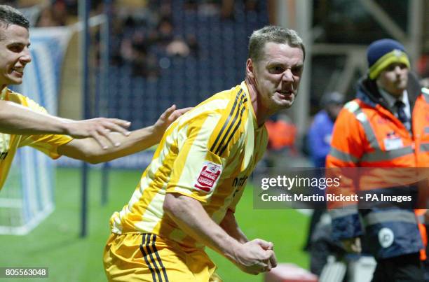 Newcastle United's Kevin Nolan celebrates scoring his sides first goal during the Coca-Cola Championship match at Deepdale, Preston.