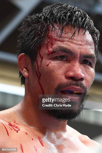 Manny Pacquiao of the Philippines looks on during the WBO World Welterweight Title Fight against Jeff Horn of Australia at Suncorp Stadium on July 2,...