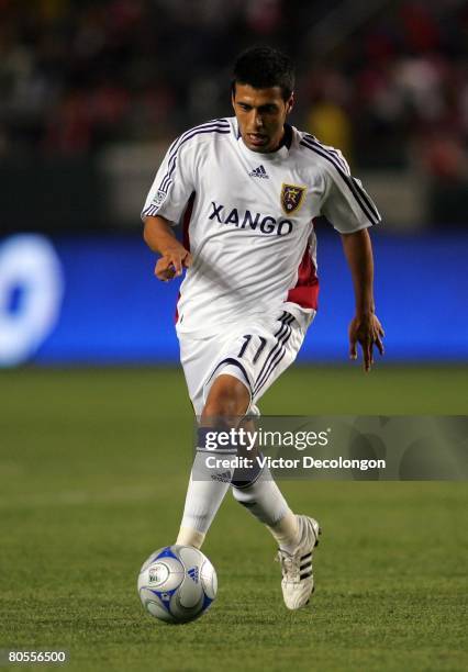 Javier Morales of Real Salt Lake moves ball on the attack against CD Chivas USA in the first half during their MLS game at the Home Depot Center on...