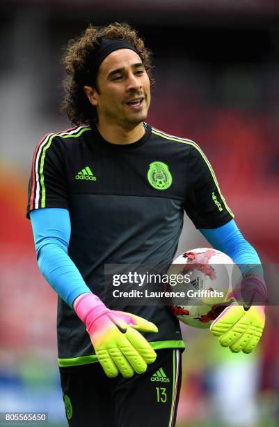 Guillermo Ochoa of Mexico looks on while warming up prior to the FIFA Confederations Cup Russia 2017 Play-Off for Third Place between Portugal and...