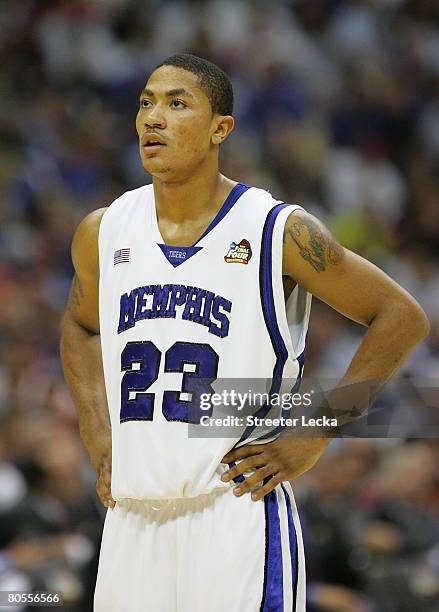 Derrick Rose of the Memphis Tigers looks on in between plays against Kansas Jayhawks in the second half during the 2008 NCAA Men's National...