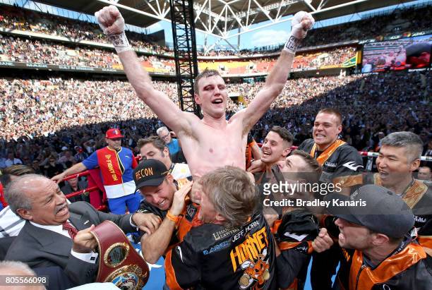 Jeff Horn of Australia celebrates victory after winning the WBO Welterweight Title Fight between Jeff Horn of Australia and Manny Pacquiao of the...
