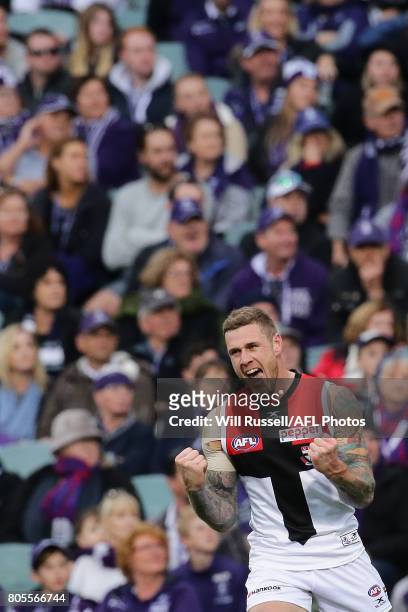Tim Membrey celebrates after scoring a goal during the round 15 AFL match between the Fremantle Dockers and the St Kilda Saints at Domain Stadium on...