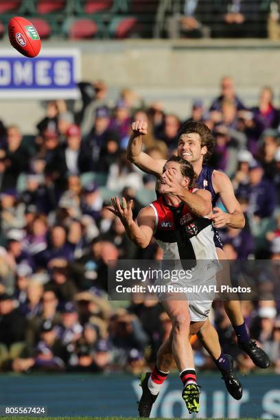 Josh Bruce of the Saints marks the ball during the round 15 AFL match between the Fremantle Dockers and the St Kilda Saints at Domain Stadium on July...
