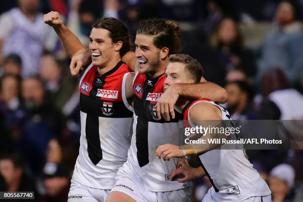 Josh Bruce of the Saints celebrates after scoring a goal during the round 15 AFL match between the Fremantle Dockers and the St Kilda Saints at...