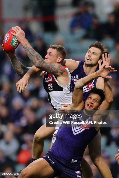 Tim Membrey of the Saints marks the ball during the round 15 AFL match between the Fremantle Dockers and the St Kilda Saints at Domain Stadium on...