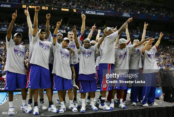 The Kansas Jayhawks celebrate after defeating the Memphis Tigers 75-68 in overtime during the 2008 NCAA Men's National Championship game at the...