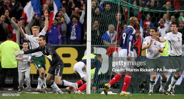 Republic of Ireland's Shay Given appeals for handball after France's Thierry Henry set up Williams Gallas' winning goal during the FIFA World Cup...