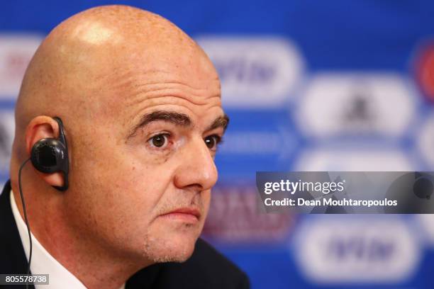 President, Gianni Infantino speaks to the media during the Closing Press Conference of the FIFA Confederations Cup Russia 2017 held at the Krestovsky...