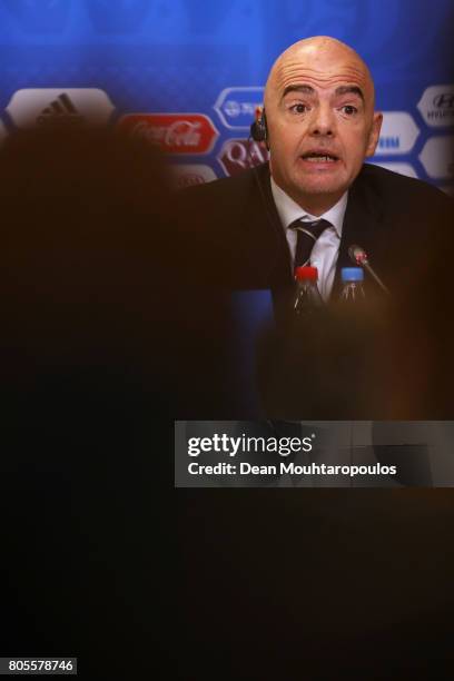 President, Gianni Infantino speaks to the media during the Closing Press Conference of the FIFA Confederations Cup Russia 2017 held at the Krestovsky...