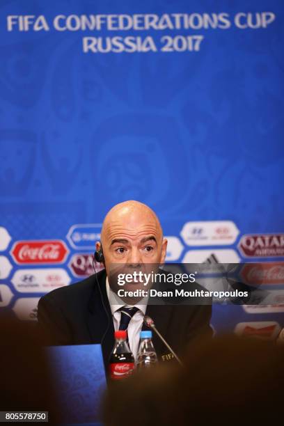 President, Gianni Infantino speaks to the media during the Closing Press Conference of the FIFA Confederations Cup Russia 2017 held at the Krestovsky...