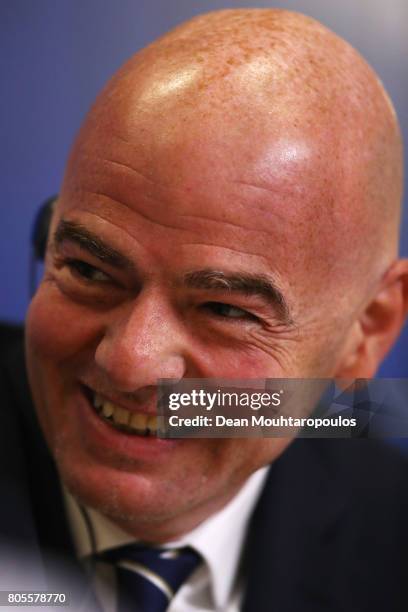 President, Gianni Infantino speaks to the media during the Closing Press Conference of the FIFA Confederations Cup Russia 2017 held at the Krestovsky...