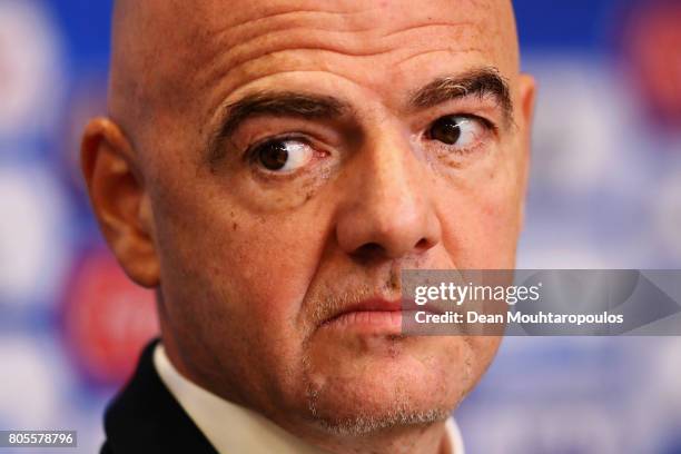 President, Gianni Infantino speaks to the media during the Closing Press Conference of the FIFA Confederations Cup Russia 2017 held at the Krestovsky...