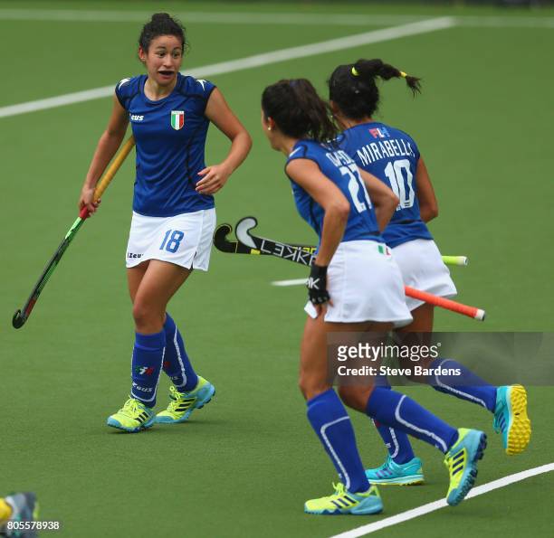 Federica Carta of Italy celebrates scoring a goal from a penalty corner during the 5/6th place play off match between Italy and Australia on July 2,...