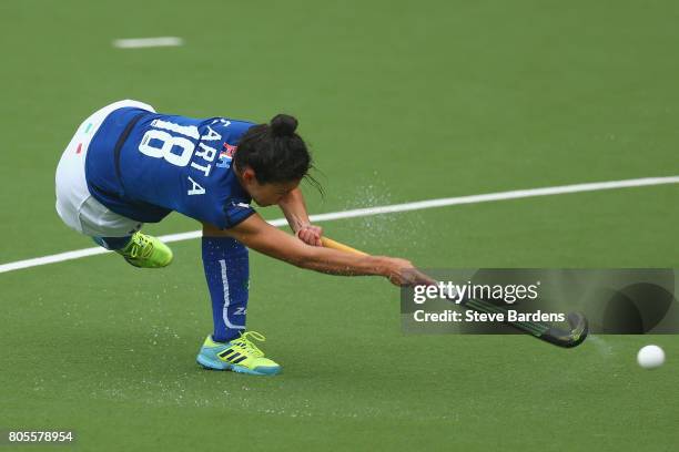 Federica Carta of Italy scores a goal from a penalty corner during the 5/6th place play off match between Italy and Australia on July 2, 2017 in...