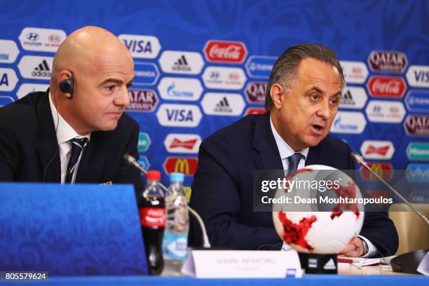 President Gianni Infantino and Vitaly Mutko, Russian Federation Deputy Prime Minister & Local Organising Committee Chairman speak to the media during...