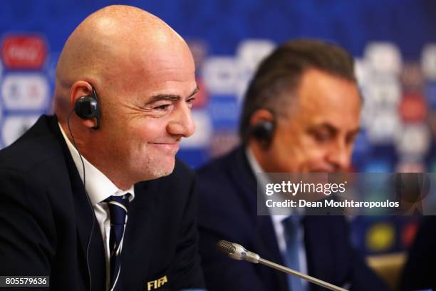 President Gianni Infantino and Vitaly Mutko, Russian Federation Deputy Prime Minister & Local Organising Committee Chairman speak to the media during...