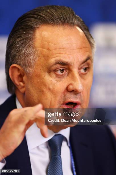 Vitaly Mutko, Russian Federation Deputy Prime Minister & Local Organising Committee Chairman speaks to the media during the Closing Press Conference...
