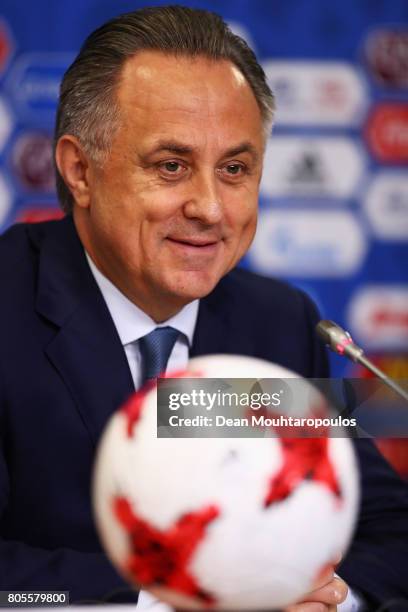 Vitaly Mutko, Russian Federation Deputy Prime Minister & Local Organising Committee Chairman speaks to the media during the Closing Press Conference...