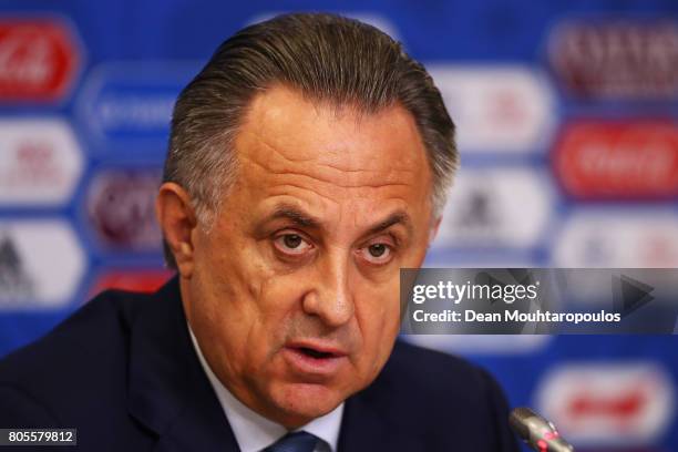 Vitaly Mutko, Russian Federation Deputy Prime Minister & Local Organising Committee Chairman speaks to the media during the Closing Press Conference...