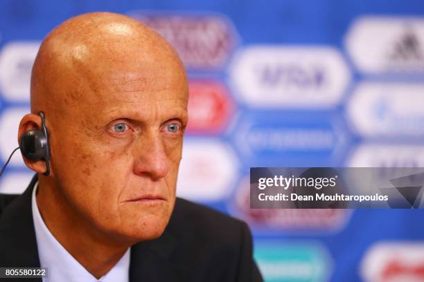 Chairman of the Referees Committee, Pierluigi Collina speaks to the media during the Closing Press Conference of the FIFA Confederations Cup Russia...