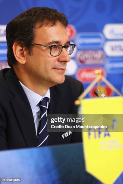 Fabrice Jouhaud, FIFA Chief Communications Officer looks on during the Closing Press Conference of the FIFA Confederations Cup Russia 2017 held at...