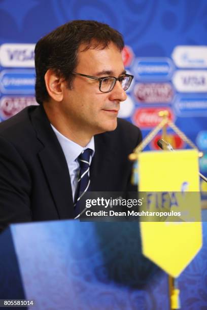 Fabrice Jouhaud, FIFA Chief Communications Officer looks on during the Closing Press Conference of the FIFA Confederations Cup Russia 2017 held at...