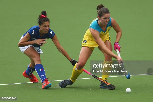 Jasper Singh of Italy challenges for the ball with Georgina Morgan of Australia during the 5/6th place play off match between Italy and Australia on...