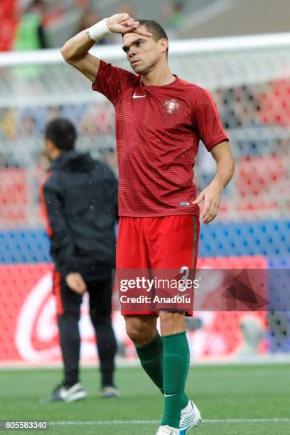 Pepe of Portugal gestures as he warms up ahead of the FIFA Confederations Cup Russia 2017 Play-Off for Third Place between Portugal and Mexico at...