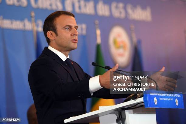 French President Emmanuel Macron gestures as he delivers a speech during a G5 Sahel summit, in Bamako, on July 2, 2017. - The so-called "G5 Sahel"...