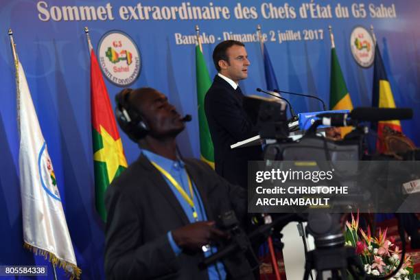 French President Emmanuel Macron delivers a speech during a G5 Sahel summit, in Bamako, on July 2, 2017. - The so-called "G5 Sahel" countries just...