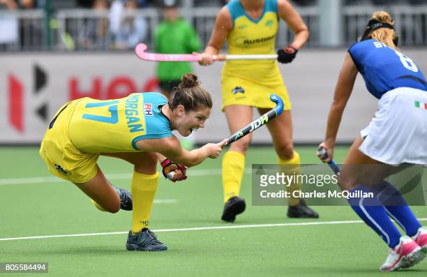 Georgina Morgan scores from a penalty corner during the Fintro Hockey World League Semi-Final 5/6th playoff game between Italy and Australia on July...