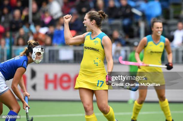 Georgina Morgan scores from a penalty corner during the Fintro Hockey World League Semi-Final 5/6th playoff game between Italy and Australia on July...