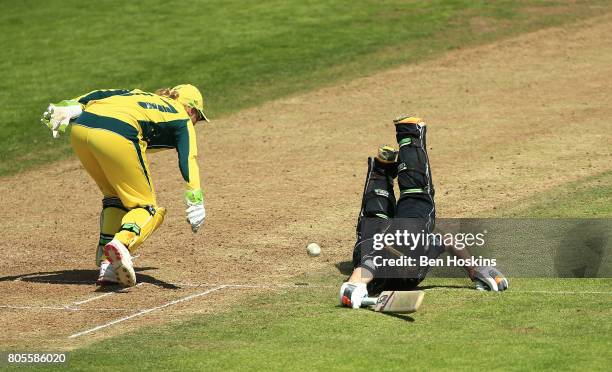 Katie Perkins of New Zealand dives for the crease during the ICC Women's World Cup 2017 match between Australia and New Zealand at The County Ground...