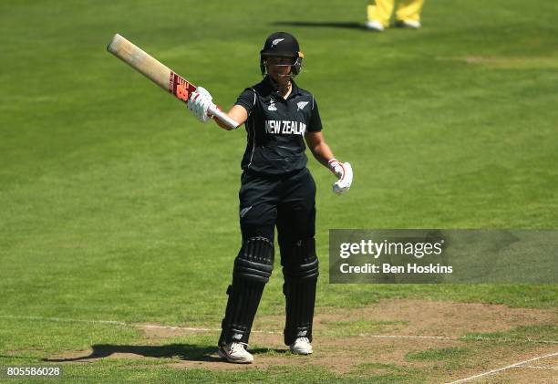 Suzie Bates of New Zealand celebreates her half century during the ICC Women's World Cup 2017 match between Australia and New Zealand at The County...