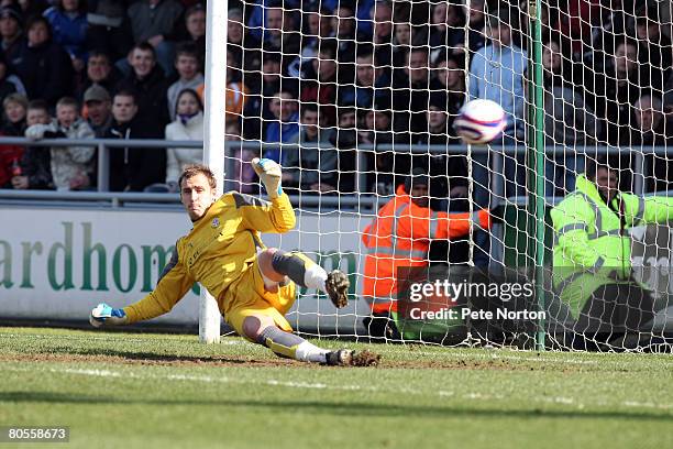Dean Brill of Luton Town is beten by a penalty taken by Poul Hubertz of Northampton Town during the Coca Cola League One Match between Northampton...