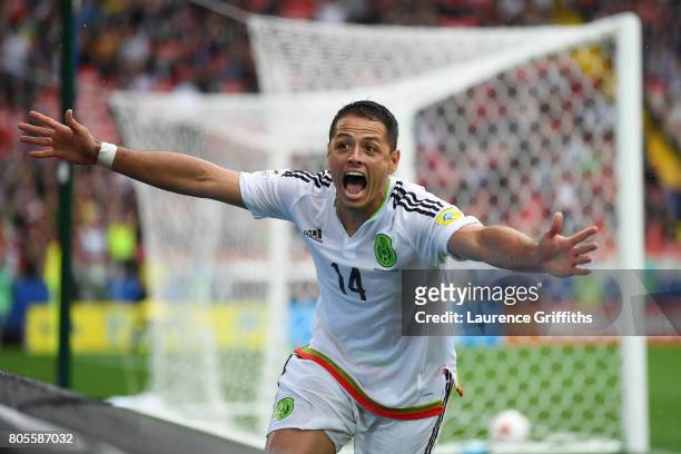 Javier Hernandez of Mexico celebrates his sides first goal during the FIFA Confederations Cup Russia 2017 Play-Off for Third Place between Portugal...