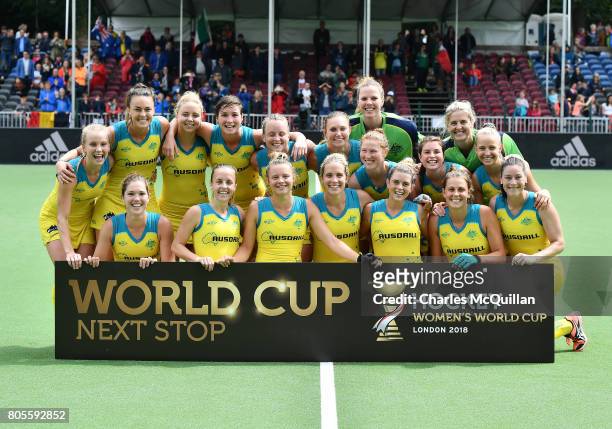Australia celebrate after winning the Fintro Hockey World League Semi-Final 5/6th playoff game between Italy and Australia and gaining qualification...