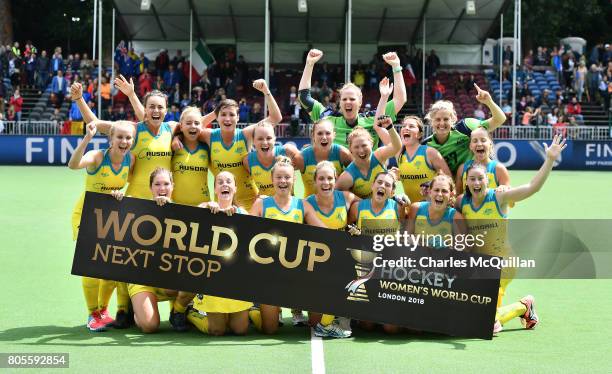 Australia celebrate after winning the Fintro Hockey World League Semi-Final 5/6th playoff game between Italy and Australia and gaining qualification...