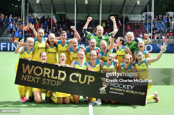 Australia celebrate after winning the Fintro Hockey World League Semi-Final 5/6th playoff game between Italy and Australia and gaining qualification...